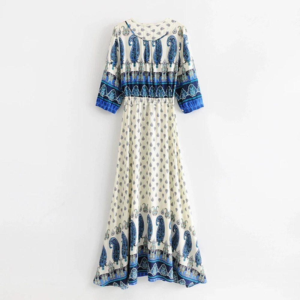 ZARA Blue and White Porcelain Print Long Sleeve Loose Maxi Dress Resort Style